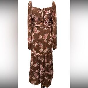 Women’s Brown Floral Ruffle Tiered Sheer Lined Boho Feminine Dress Size Large